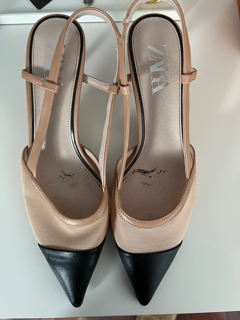 Zara Beige Slingback Pumps with Black Pointed Toe